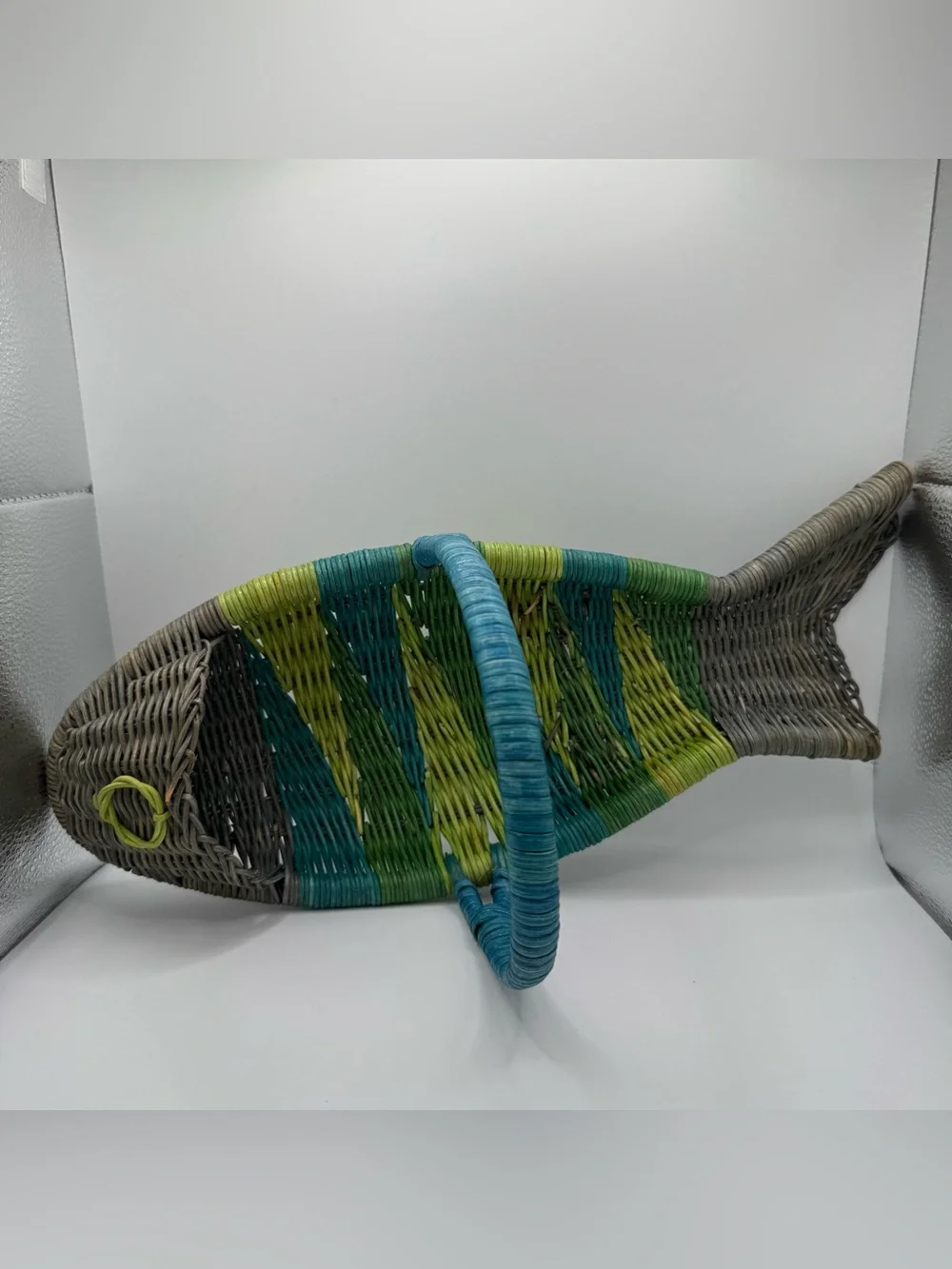Vintage Wicker Fish Basket Shaped Fruit Bowl Colorful Hand Woven Boho Handle 70s